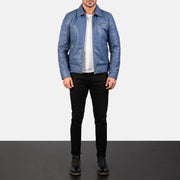 Close-Up Detail of Shirt &amp; Zipper with button flap at the bottom Hardware on Men's Lavendard Brown Leather Biker Jacket