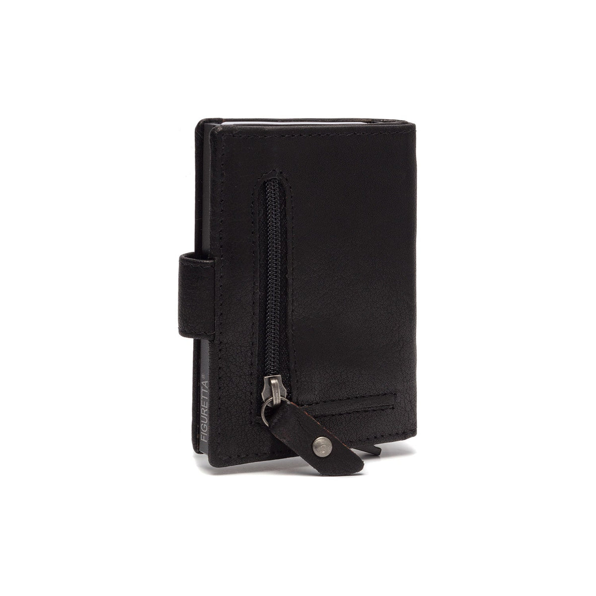 Solid Antique Brass Hardware &amp; Heavy-Duty Dual Zipper Detail on Prague Full-Grain Leather Card Holder