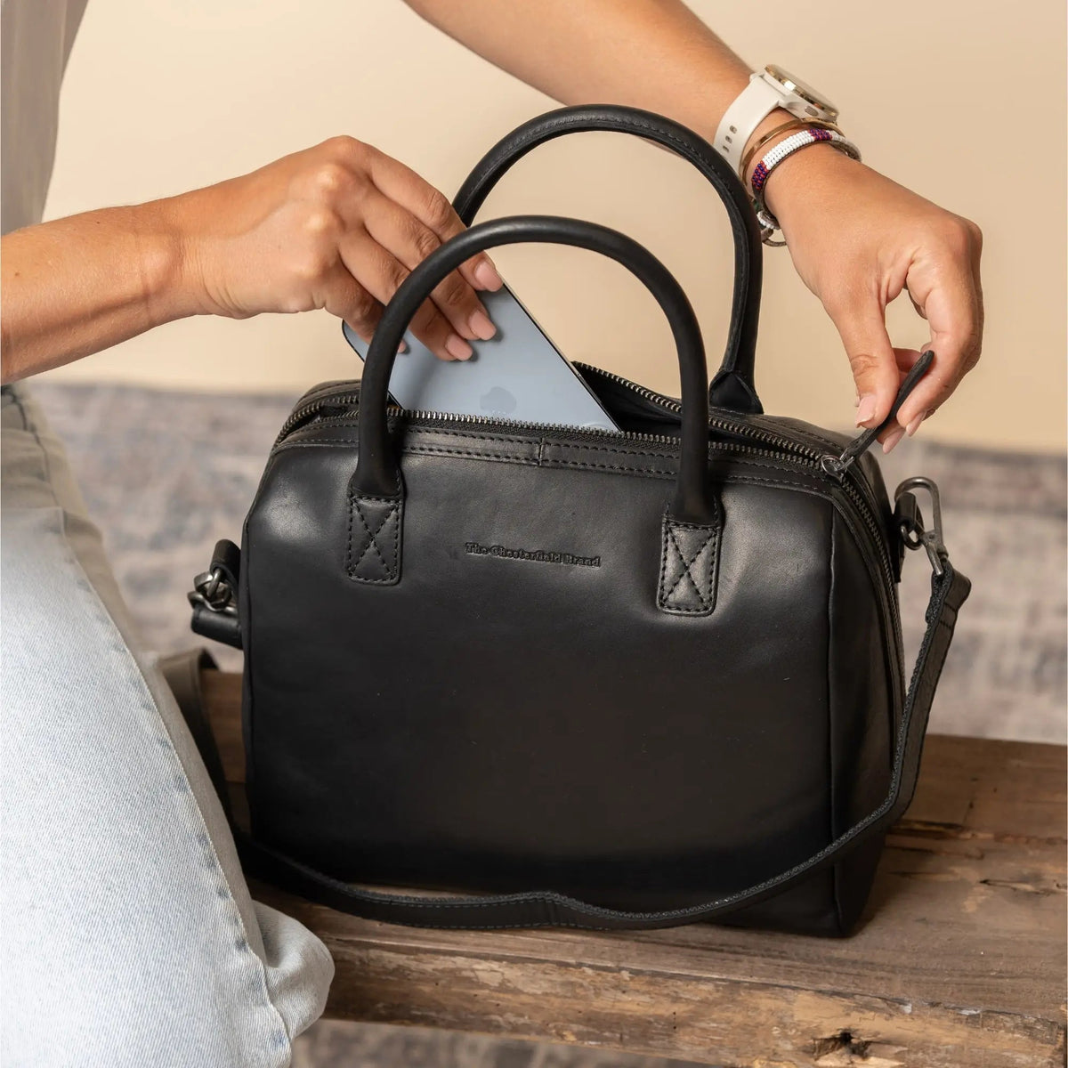 Langton Full-Grain Leather Handbag - Lateral Side Profile View Showing Sleeve Cut &amp; Athletic Taper Fit