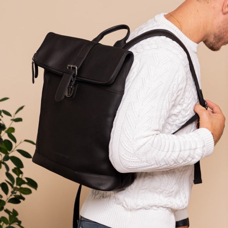 Classic 100% Full-Grain leather Backpack - Rear Perspective Showing Reinforced Leather Straps & Stitching