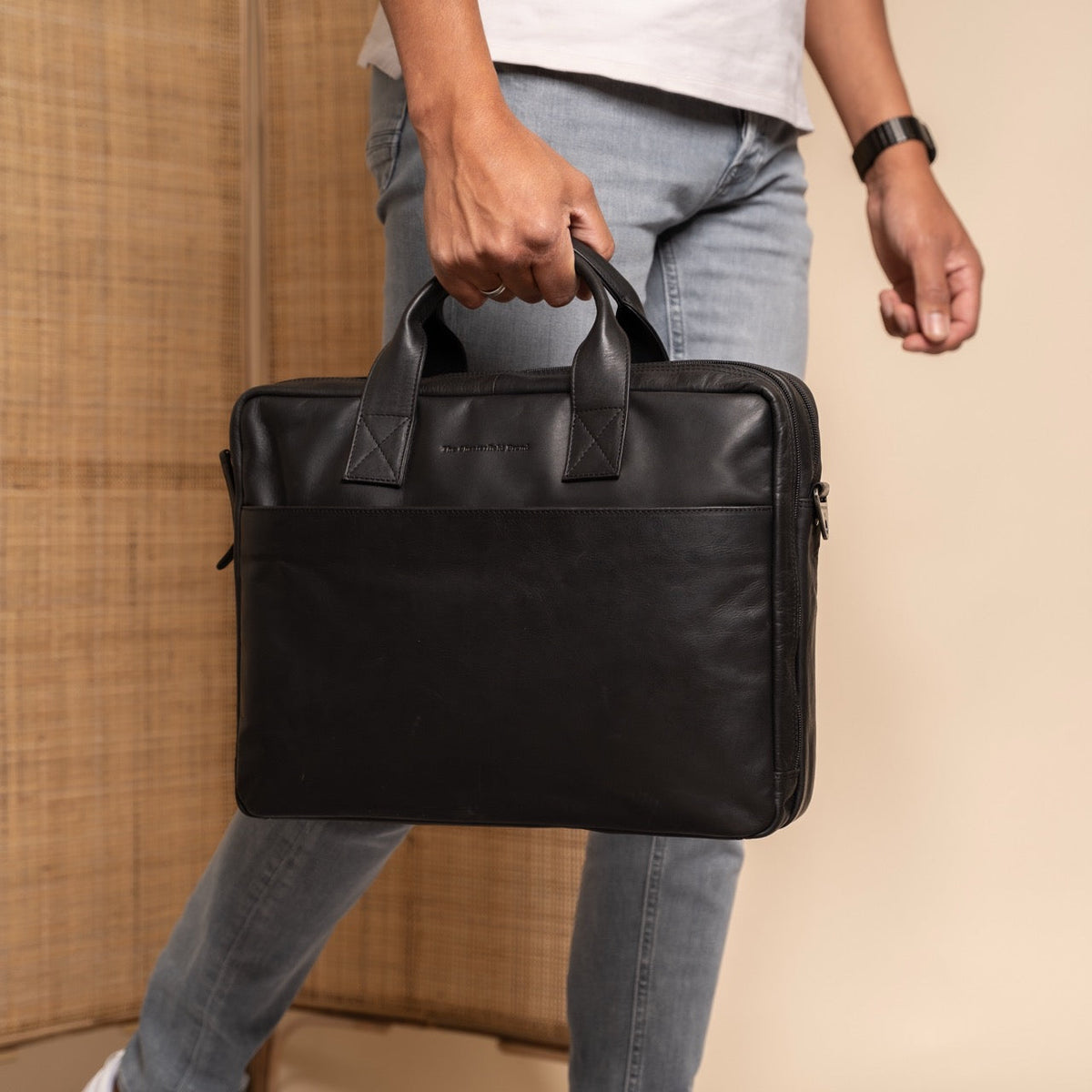 
Frazer Full-Grain Leather Laptop Bag - Structured Side Profile Showing Gusset Depth & Expansion Capacity