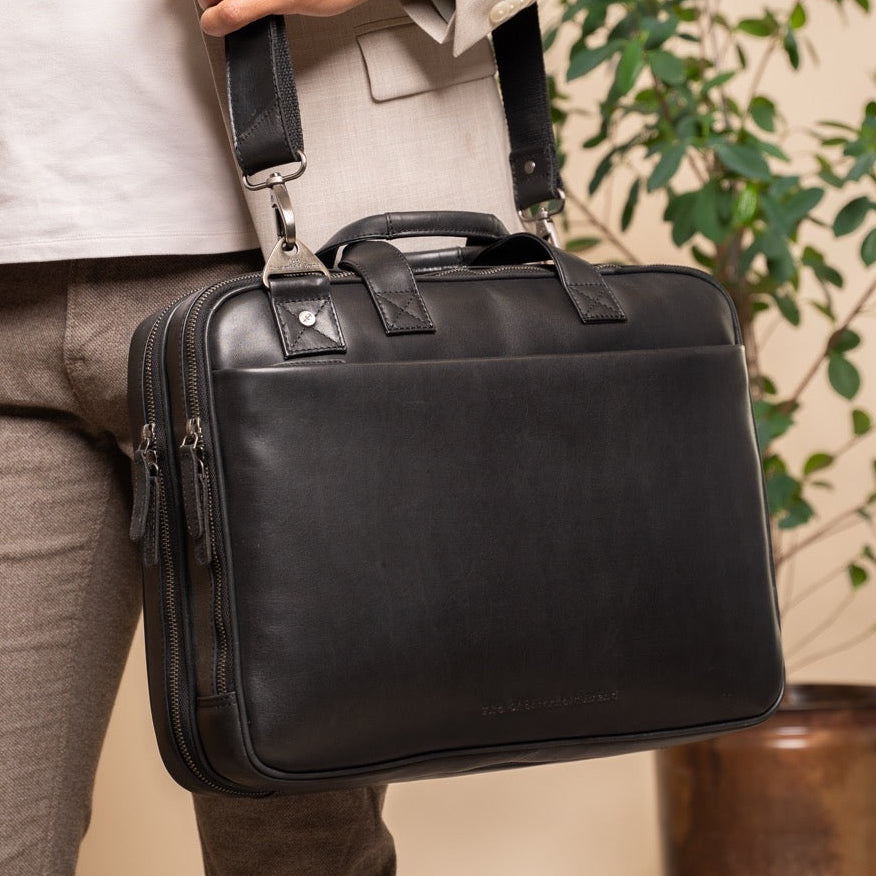 
Classic 100% Full-Grain leather Briefcase - Rear Perspective Showing Reinforced Leather Straps & Stitching