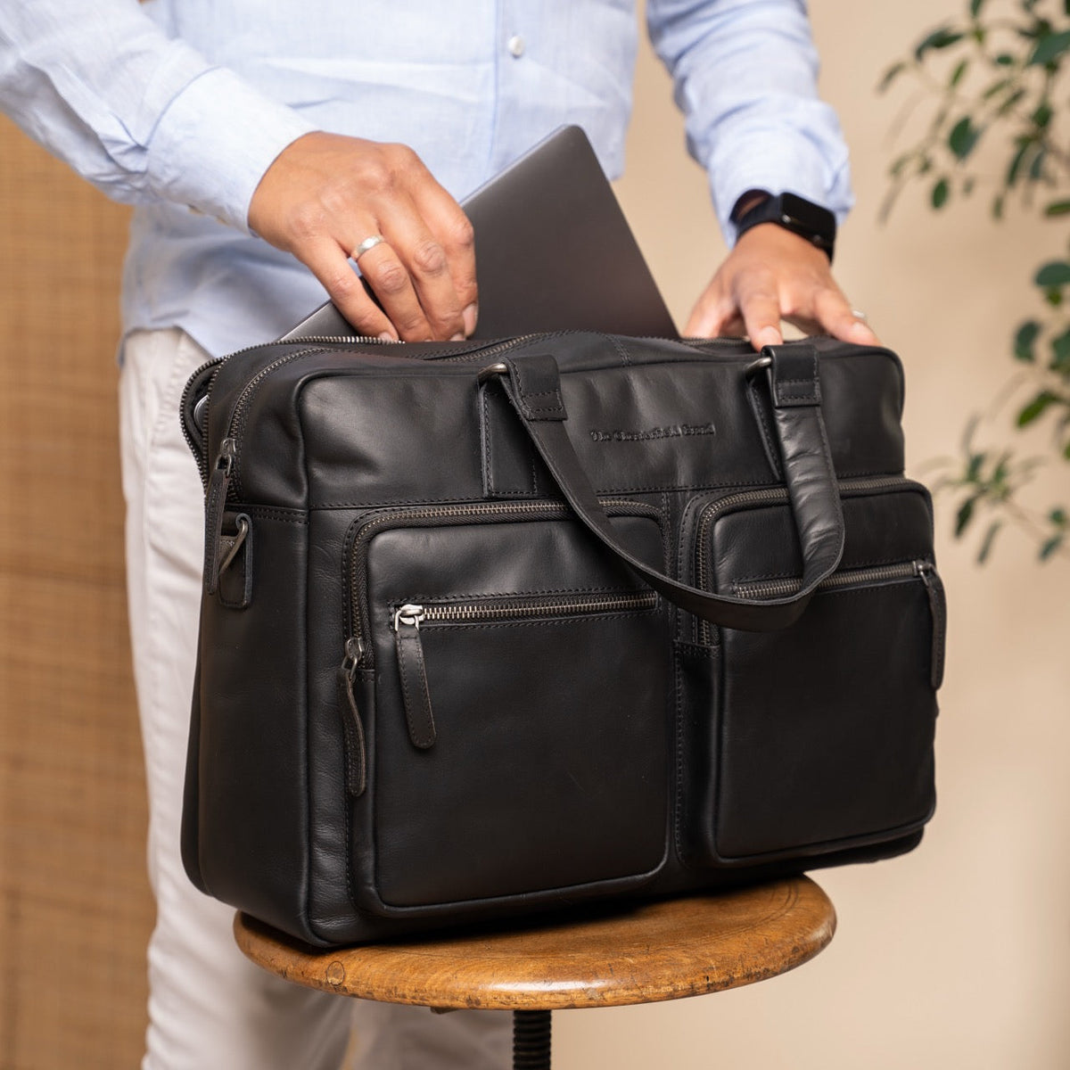 Misha Full-Grain Leather Laptop Bag - Structured Side Profile Showing Gusset Depth &amp; Expansion Capacity