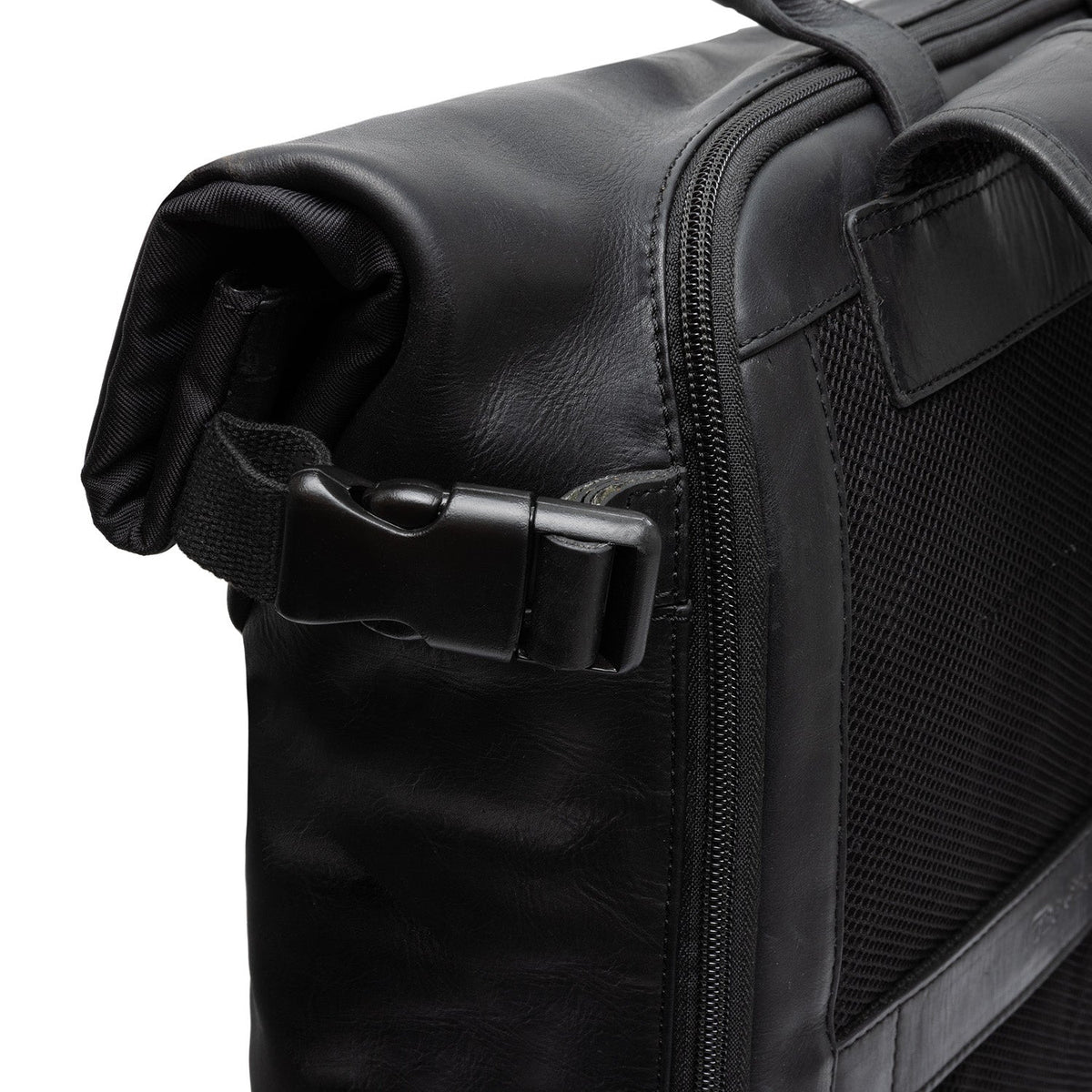 Solid Antique Brass Hardware &amp; Heavy-Duty Dual Zipper Detail on Bornholm Full-Grain Leather Roll-top Backpack