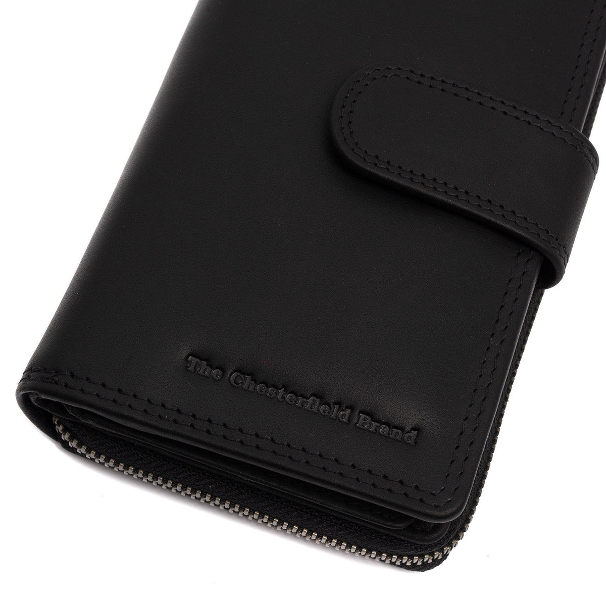 Solid Antique Brass Hardware &amp; Heavy-Duty Dual Zipper Detail on Charlotte Full-Grain Leather Wallet