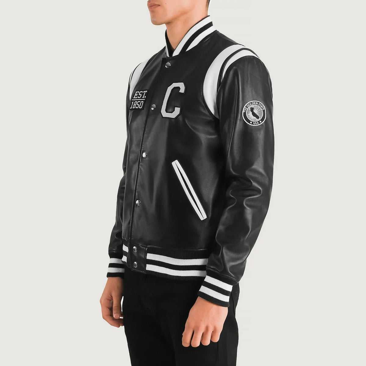 
Black & White Sheepskin Leather Varsity Jacket - Back View Showing Tailored Shoulder Fit & Clean Hemline