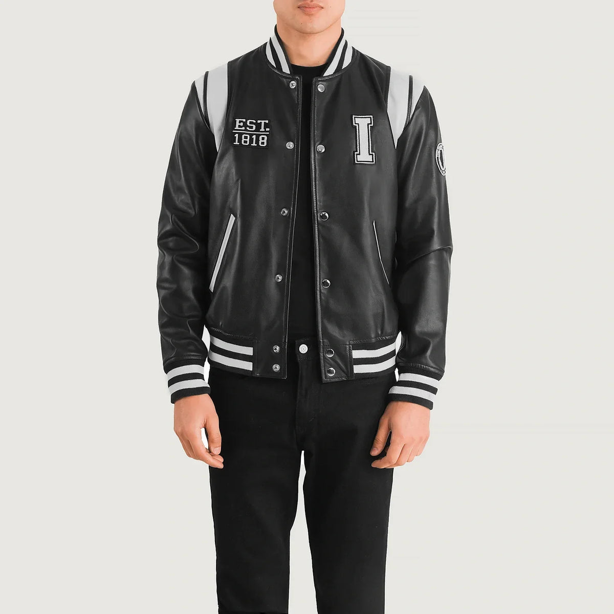 Liberte Illinois Black Leather Varsity Jacket in Black &amp; White Sheepskin Leather - Front Profile View &amp; Tailored Silhouette | Buy Online