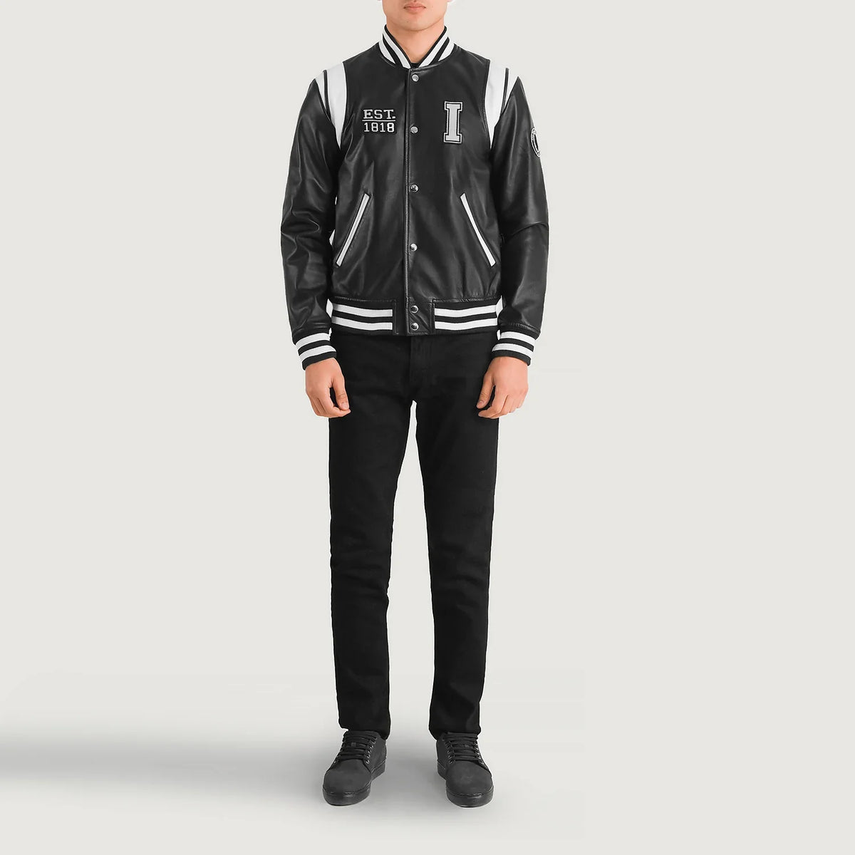 Liberte Illinois Black Leather Varsity Jacket - Lateral Side Profile View Showing Sleeve Cut &amp; Athletic Taper Fit