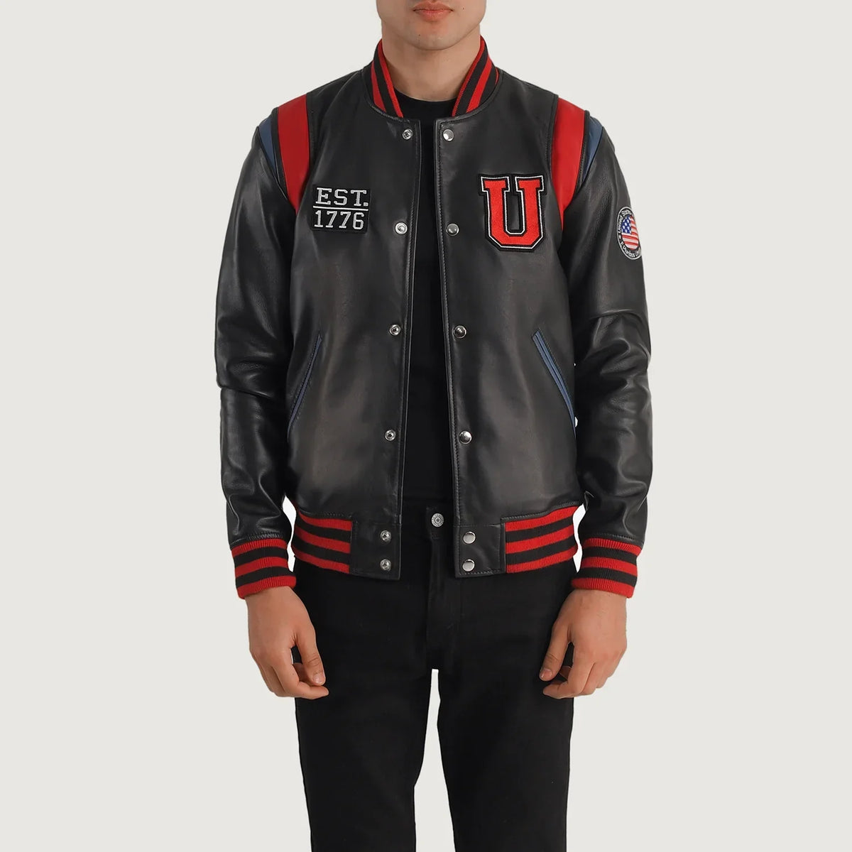 
Liberte USA Black Leather Varsity Jacket in Black Sheepskin Leather - Front Profile View & Tailored Silhouette | Buy Online