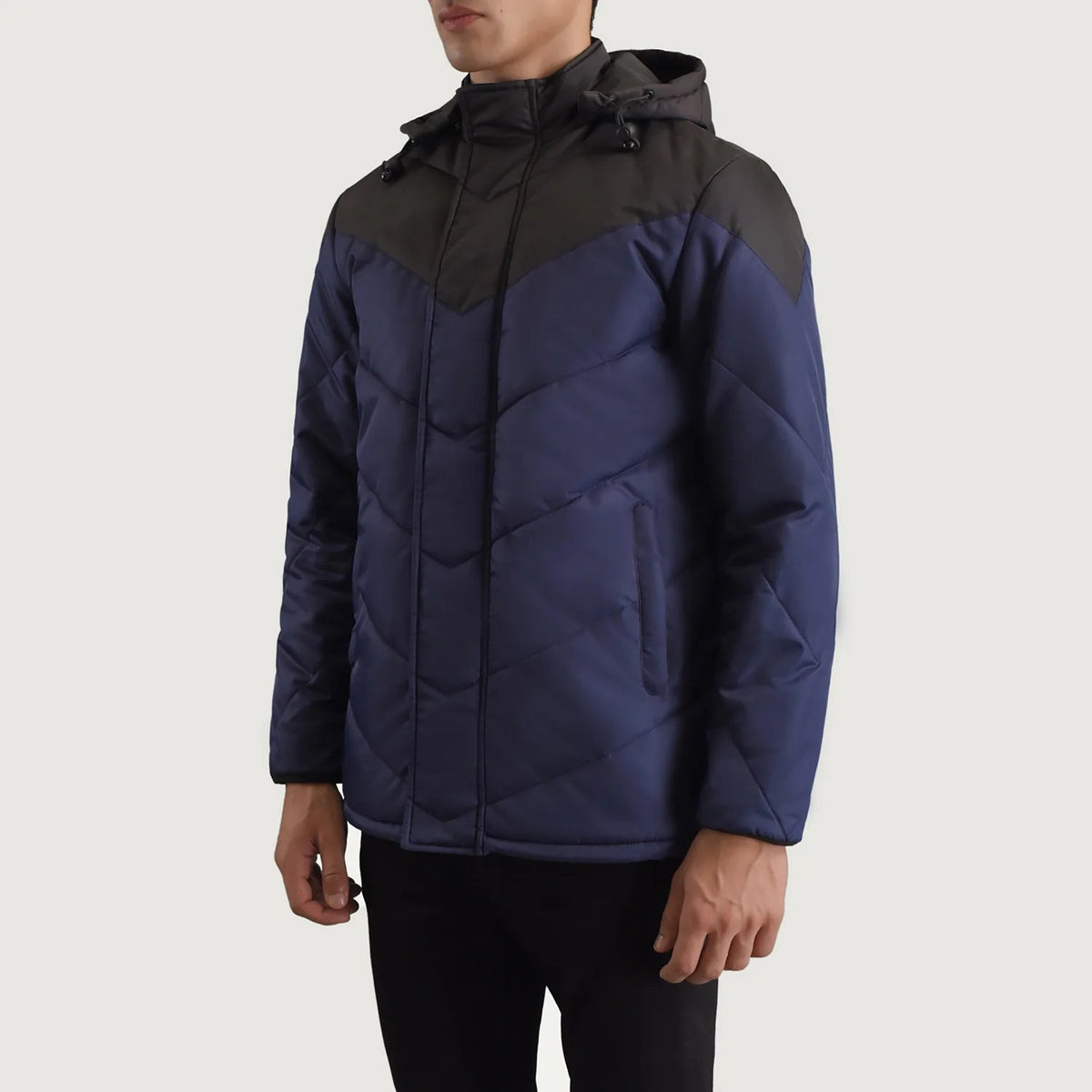 
Black & Blue Full-Grain Leather Hooded Jacket - Back View Showing Tailored Shoulder Fit & Clean Hemline