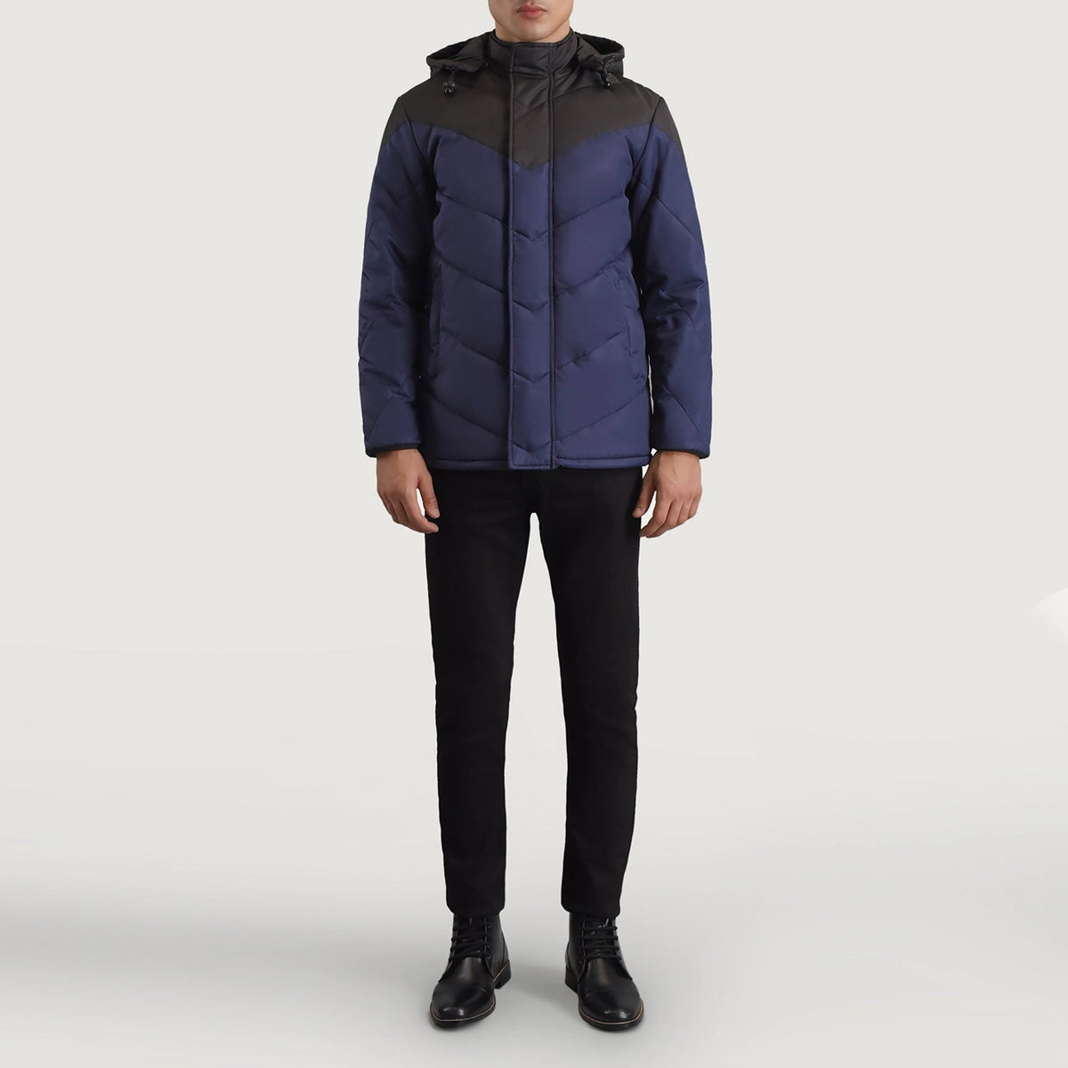 
Luka Black & Blue Hooded Puffer Jacket - Lateral Side Profile View Showing Sleeve Cut & Athletic Taper Fit