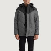
Luka Black & Grey Hooded Puffer Jacket - Lateral Side Profile View Showing Sleeve Cut & Athletic Taper Fit