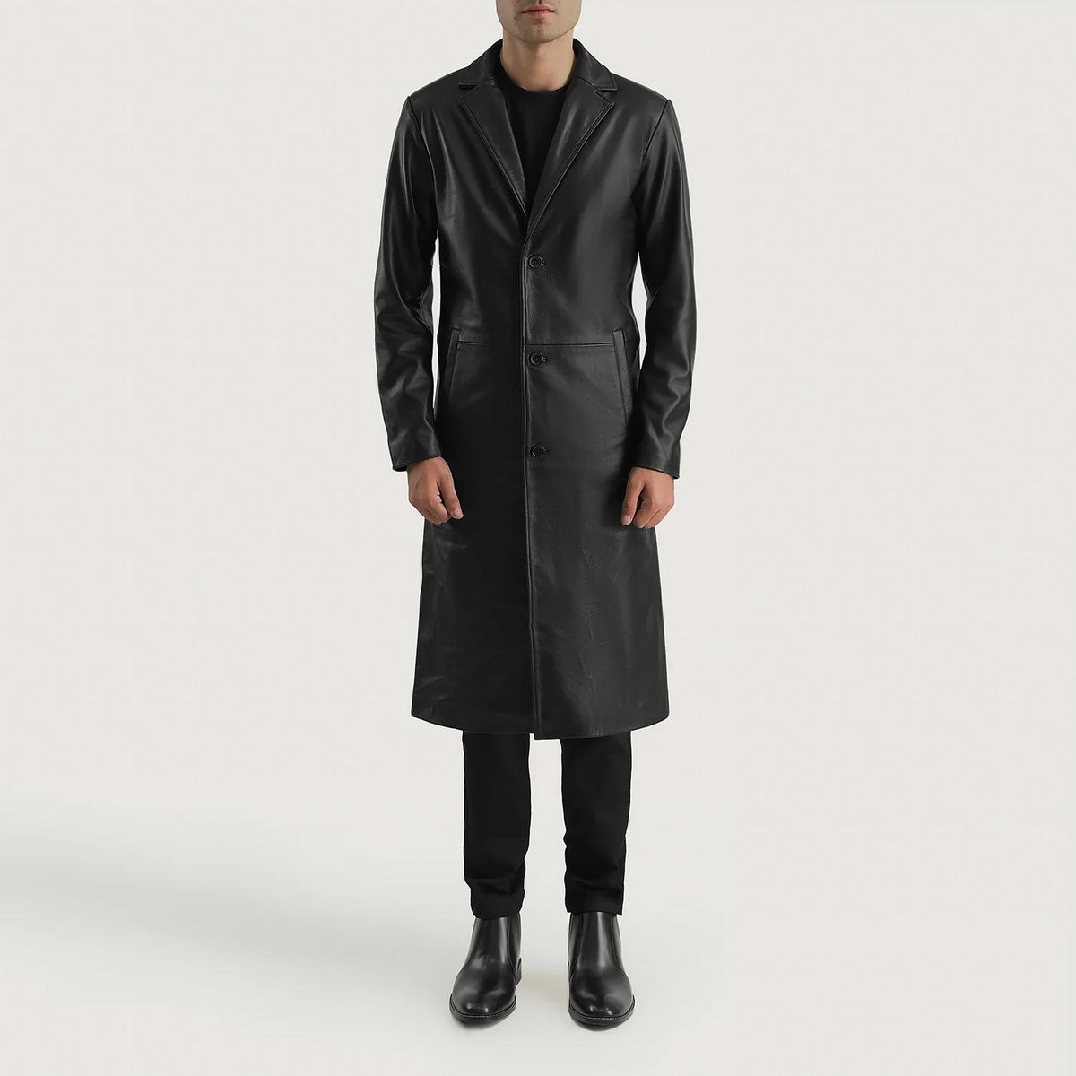 
Mateo Black Leather Single Breasted Coat - Lateral Side Profile View Showing Sleeve Cut & Athletic Taper Fit