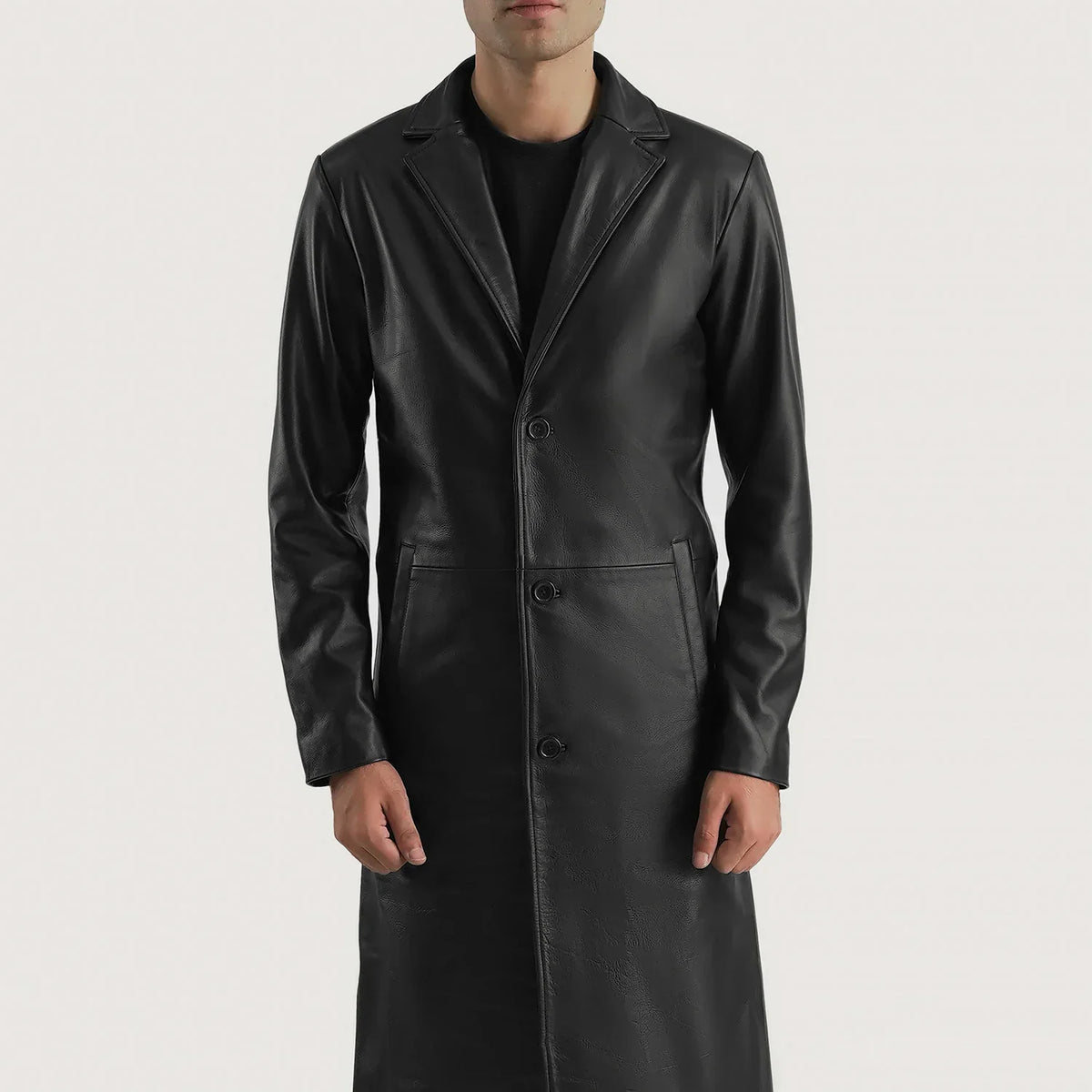 
Close-Up Detail of Notch & Button Hardware on Mateo Black Leather Single Breasted Coat