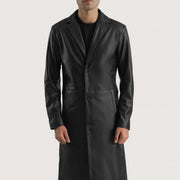 
Close-Up Detail of Notch & Button Hardware on Mateo Black Leather Single Breasted Coat