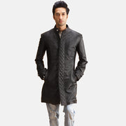 
Men's Midlander Quilted Black Leather Coat in Black Sheepskin Leather - Front Profile View & Tailored Silhouette | Buy Online