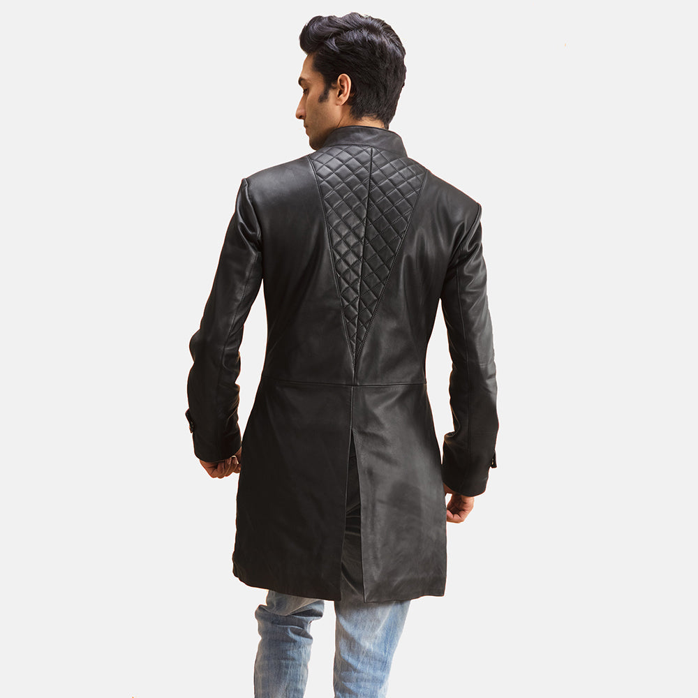 
Men's Midlander Quilted Black Leather Coat - Lateral Side Profile View Showing Sleeve Cut & Athletic Taper Fit