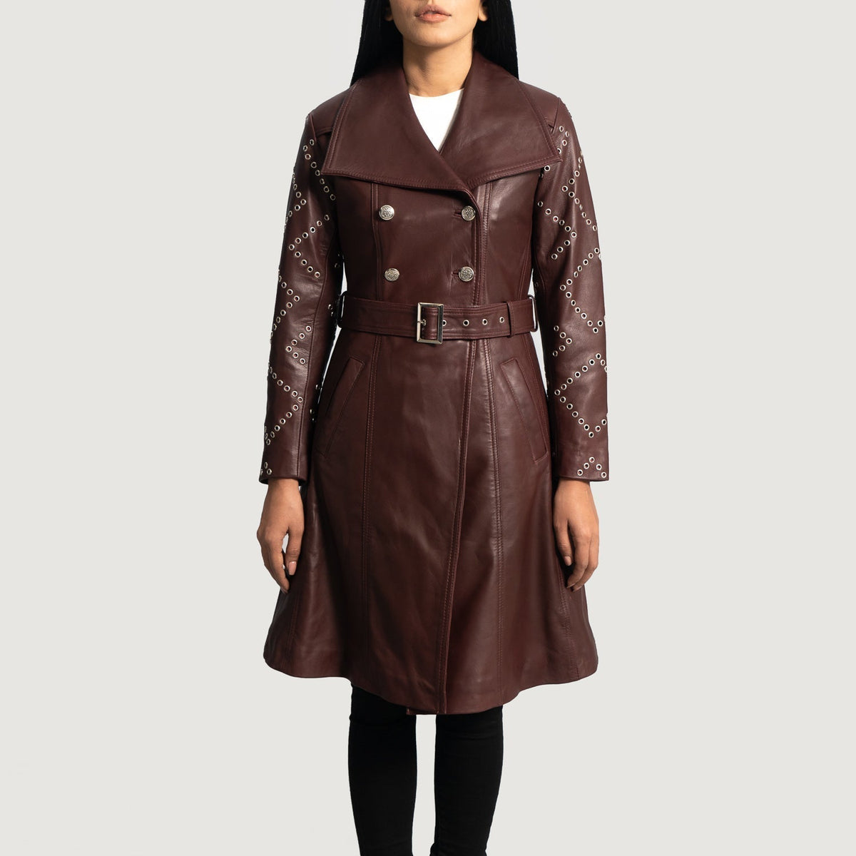 
Women's Missoni Maroon Leather Trench Coat in Maroon Sheepskin Leather - Front Profile View & Tailored Silhouette | Buy Online