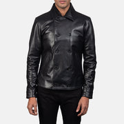 
Mod Black Leather Peacoat in Black Cowhide Leather - Front Profile View & Tailored Silhouette | Buy Online