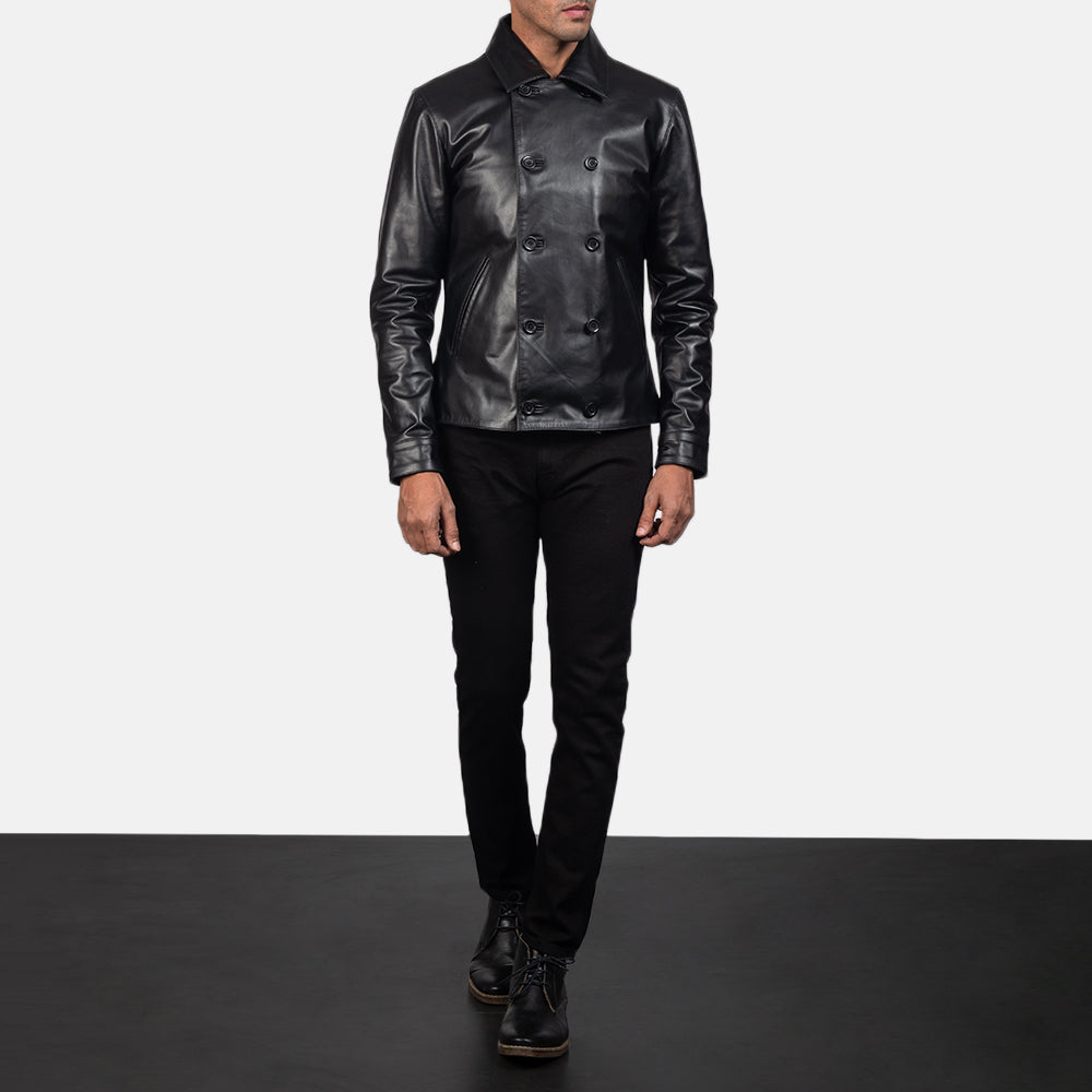 
Mod Black Leather Peacoat - Lateral Side Profile View Showing Sleeve Cut & Athletic Taper Fit