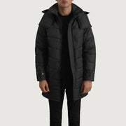 
Moore Black Hooded Parka in Black Full-Grain Leather - Front Profile View & Tailored Silhouette | Buy Online