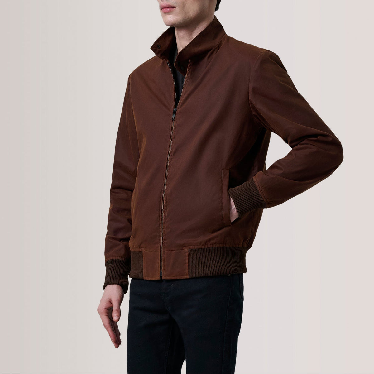 Morrison Brown Canvas Bomber Jacket For Men - Lateral Side Profile View Showing Sleeve Cut &amp; Athletic Taper Fit