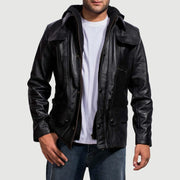 Men's Moulder Hooded Black Leather Jacket in Black Cowhide Leather - Front Profile View &amp; Tailored Silhouette | Buy Online
