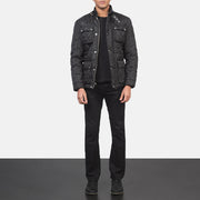 
Men's Nelson Quilted Black Windbreaker Jacket - Lateral Side Profile View Showing Sleeve Cut & Athletic Taper Fit
