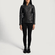 Close-Up Detail of Band &amp; Zipper Hardware on Women's Orient Grain Quilted Black Leather Biker Jacket