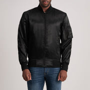 Quinton MA-1 Black Bomber Jacket in Black Satin - Front Profile View &amp; Tailored Silhouette | Buy Online