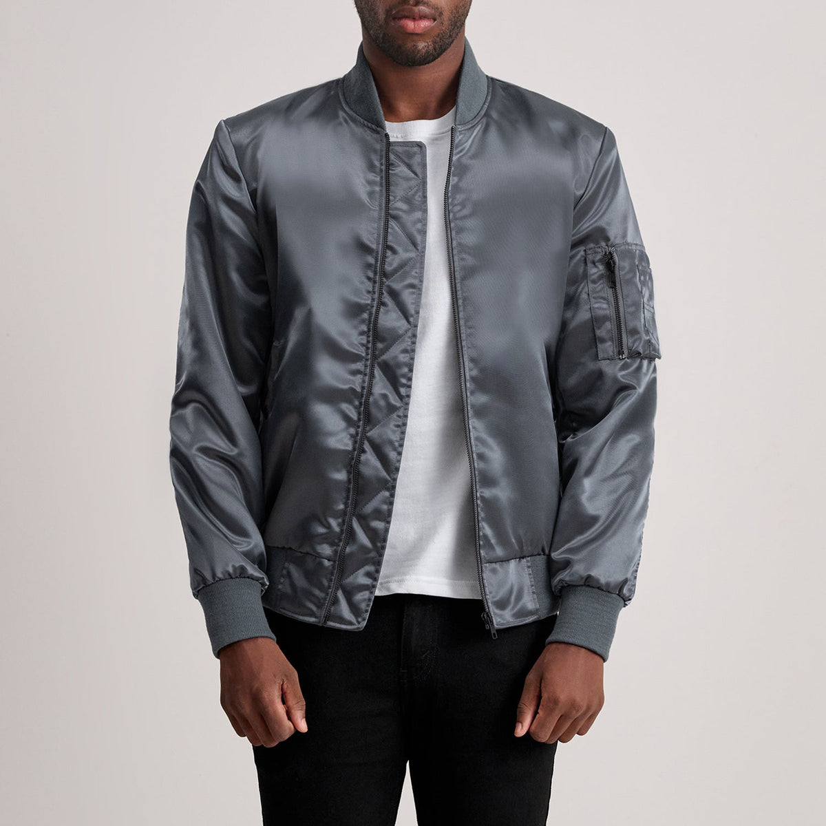 
Quinton MA-1 Grey Bomber Jacket - Lateral Side Profile View Showing Sleeve Cut & Athletic Taper Fit