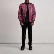 Close-Up Detail of Varsity &amp; Zipper Hardware on Quinton MA-1 Maroon Bomber Jacket