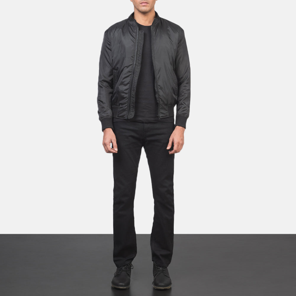 
Men's Ramon Black Bomber Jacket - Lateral Side Profile View Showing Sleeve Cut & Athletic Taper Fit