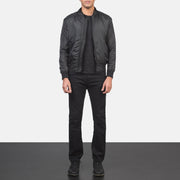 
Men's Ramon Black Bomber Jacket - Lateral Side Profile View Showing Sleeve Cut & Athletic Taper Fit