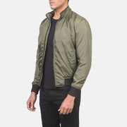 Green Nylon Bomber Jacket - Back View Showing Tailored Shoulder Fit &amp; Clean Hemline