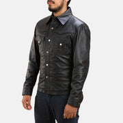 Men's Ranchson Black Leather Shirt - Lateral Side Profile View Showing Sleeve Cut &amp; Athletic Taper Fit