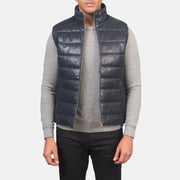 Men's Reeves Blue Leather Puffer Vest in Blue Sheepskin Leather - Front Profile View &amp; Tailored Silhouette | Buy Online
