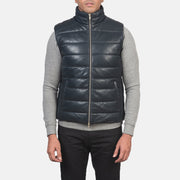 Close-Up Detail of Classic Collar &amp; Zipper with Dual Puller Hardware on Men's Reeves Blue Leather Puffer Vest