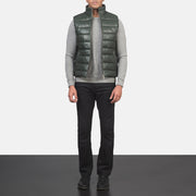 
Men's Reeves Green Leather Puffer Vest - Lateral Side Profile View Showing Sleeve Cut & Athletic Taper Fit