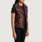 
Women's Rhonda Maroon Leather Biker Vest - Lateral Side Profile View Showing Sleeve Cut & Athletic Taper Fit