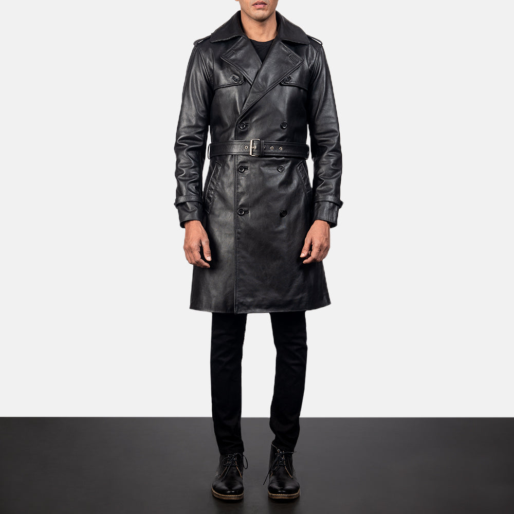 Men's Royson Black Leather Duster Coat in Black Cowhide Leather - Front Profile View &amp; Tailored Silhouette | Buy Online