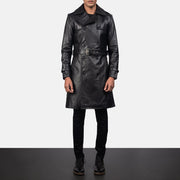 Close-Up Detail of Shirt &amp; Heavy-Duty Zipper Hardware on Men's Royson Black Leather Duster Coat