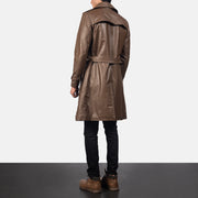 
Men's Royson Brown Leather Duster Coat - Lateral Side Profile View Showing Sleeve Cut & Athletic Taper Fit