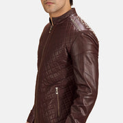 
Close-Up Detail of Band & Zipper Hardware on Rumano Jae Maroon Leather Biker Jacket