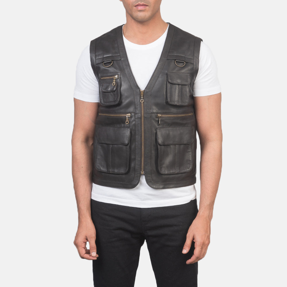 
Close-Up Detail of Classic Collar & Zipper Hardware on Men's Safari Brown Leather Vest