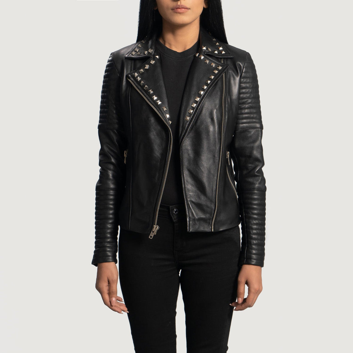 Women's Sally Mae Studded Black Leather Biker Jacket - Lateral Side Profile View Showing Sleeve Cut &amp; Athletic Taper Fit
