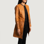 Tan Brown Sheepskin Dip &amp;Amp; Dye Leather Coat - Back View Showing Tailored Shoulder Fit &amp; Clean Hemline