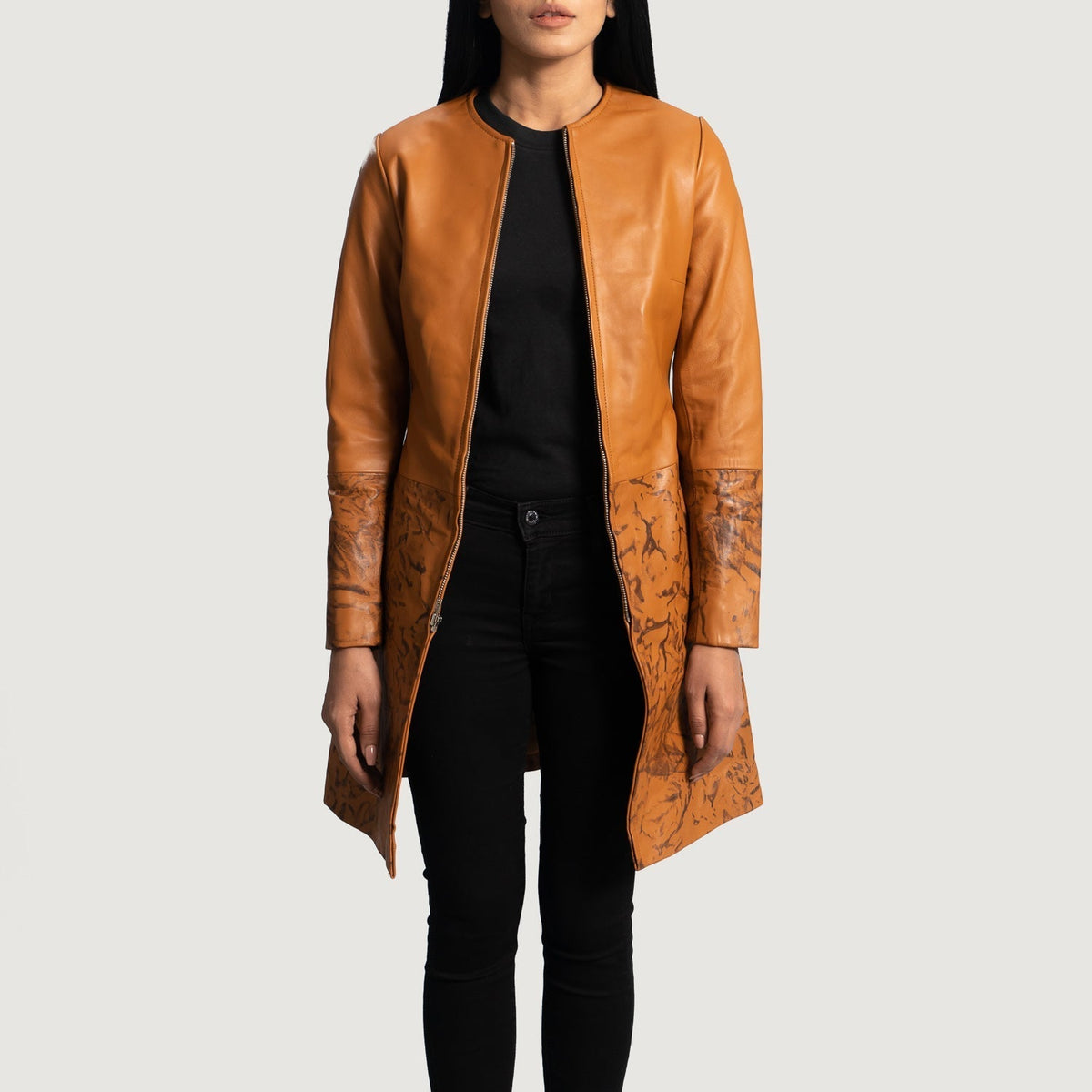 Women's Sandy Tan Dye Leather Coat - Lateral Side Profile View Showing Sleeve Cut &amp; Athletic Taper Fit