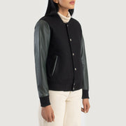 
Green Sheepskin Leather Bomber Jacket - Back View Showing Tailored Shoulder Fit & Clean Hemline