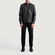 
Close-Up Detail of Shirt & Buttons Hardware on Scout Black Leather Shirt